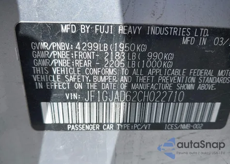 2012 Subaru Impreza 2.0I Premium z USA, uszkodzony, nr VIN JF1GJAD62CH022710